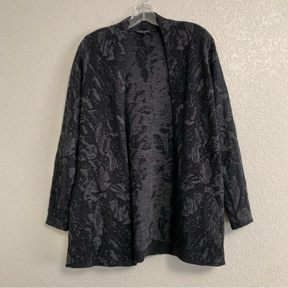 Eileen Fisher Cardigan Sweater Womens S Merino Wool Open Pockets Printed